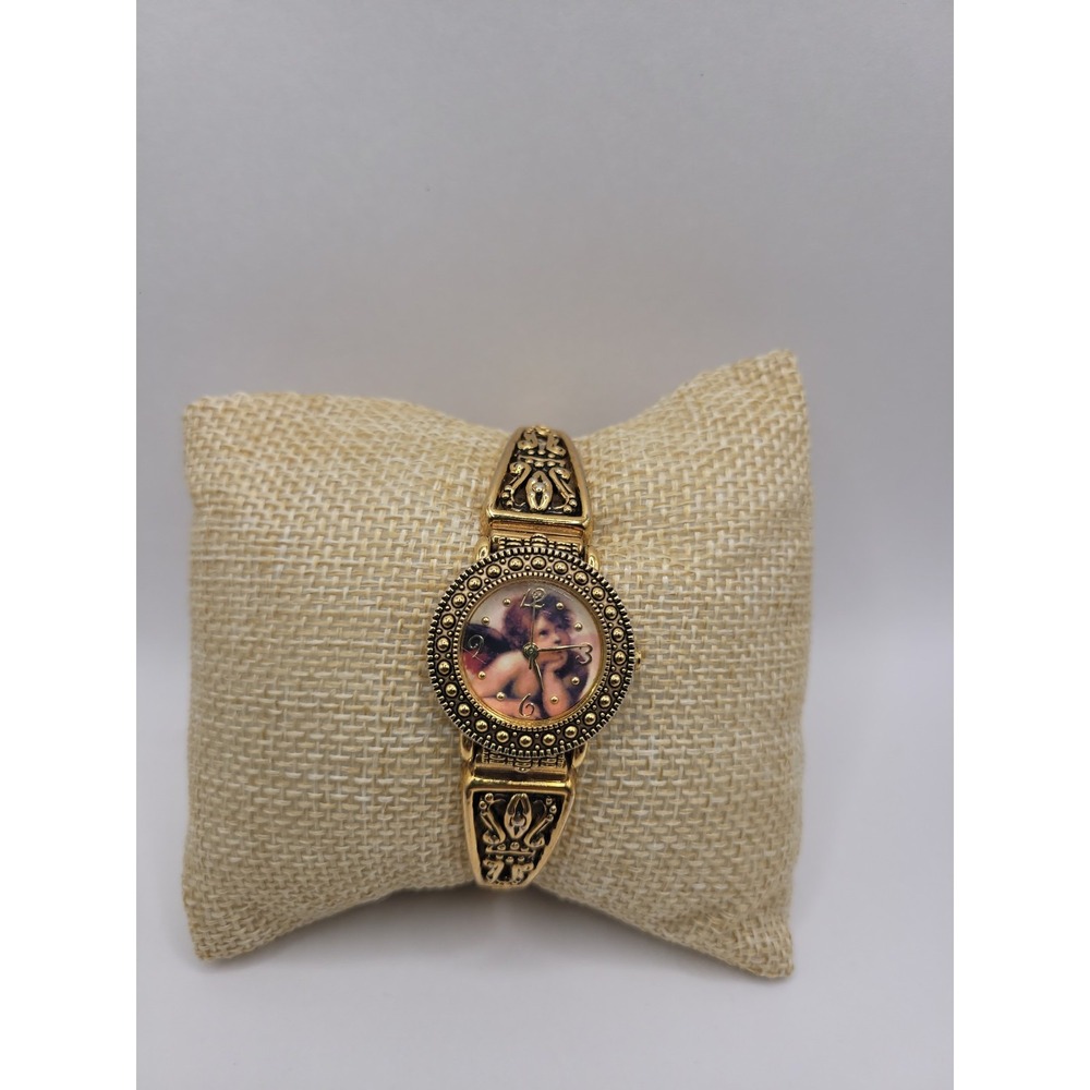 Vintage Gold Tone Bracelet Watch Pink‎ Purple Angel Dial Stretch Band Women's